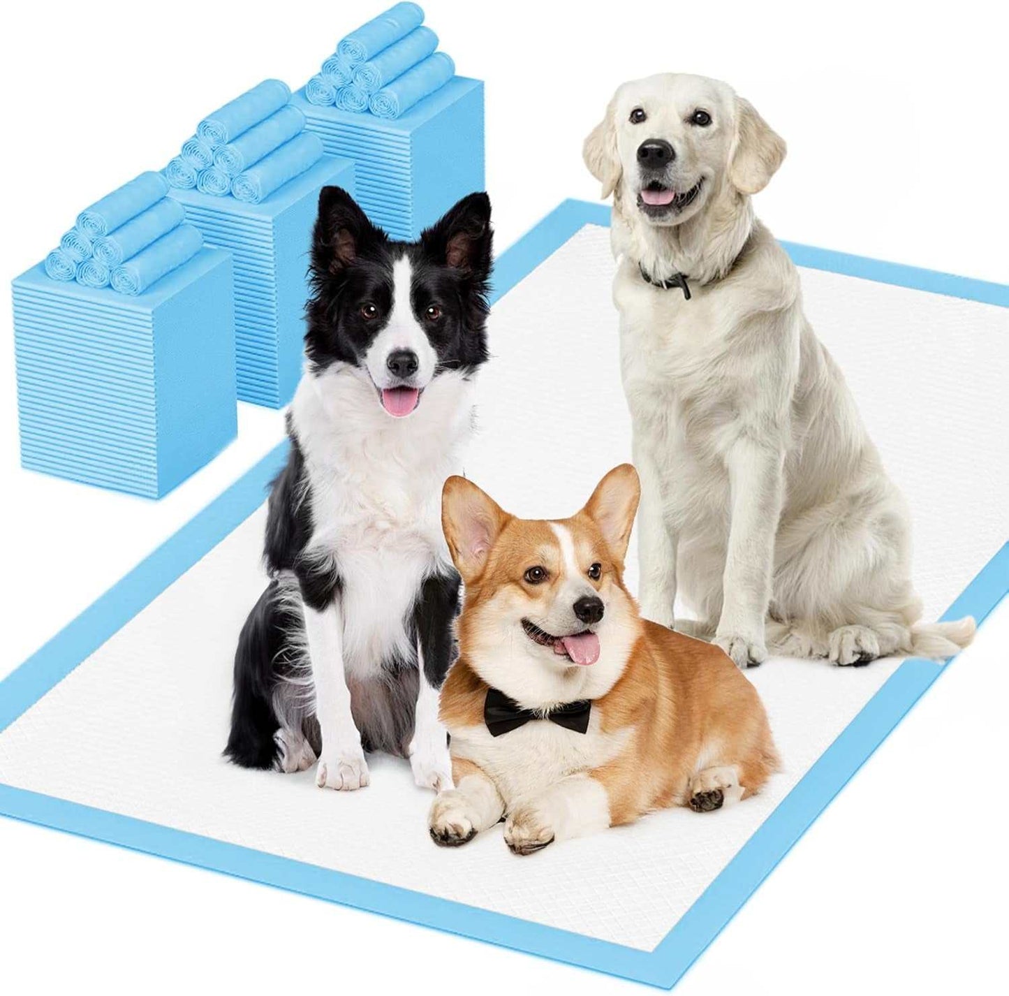 Pet Pee Absorbent Pads with leak-proof backing and high absorbency, shown with three dogs on a pad and stacks of folded pads.