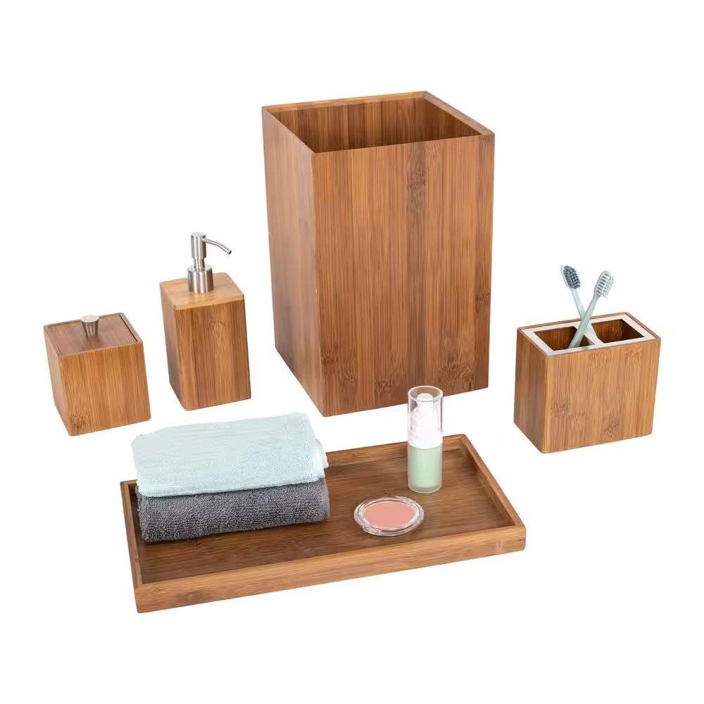 Bamboo Waste Basket 5-piece set with wastebasket, pump dispenser, toothbrush holder, cotton swab container, and towel holder.