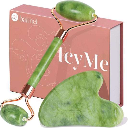 Green jade roller and gua sha tool set for facial massage, promoting relaxation and reducing puffiness.