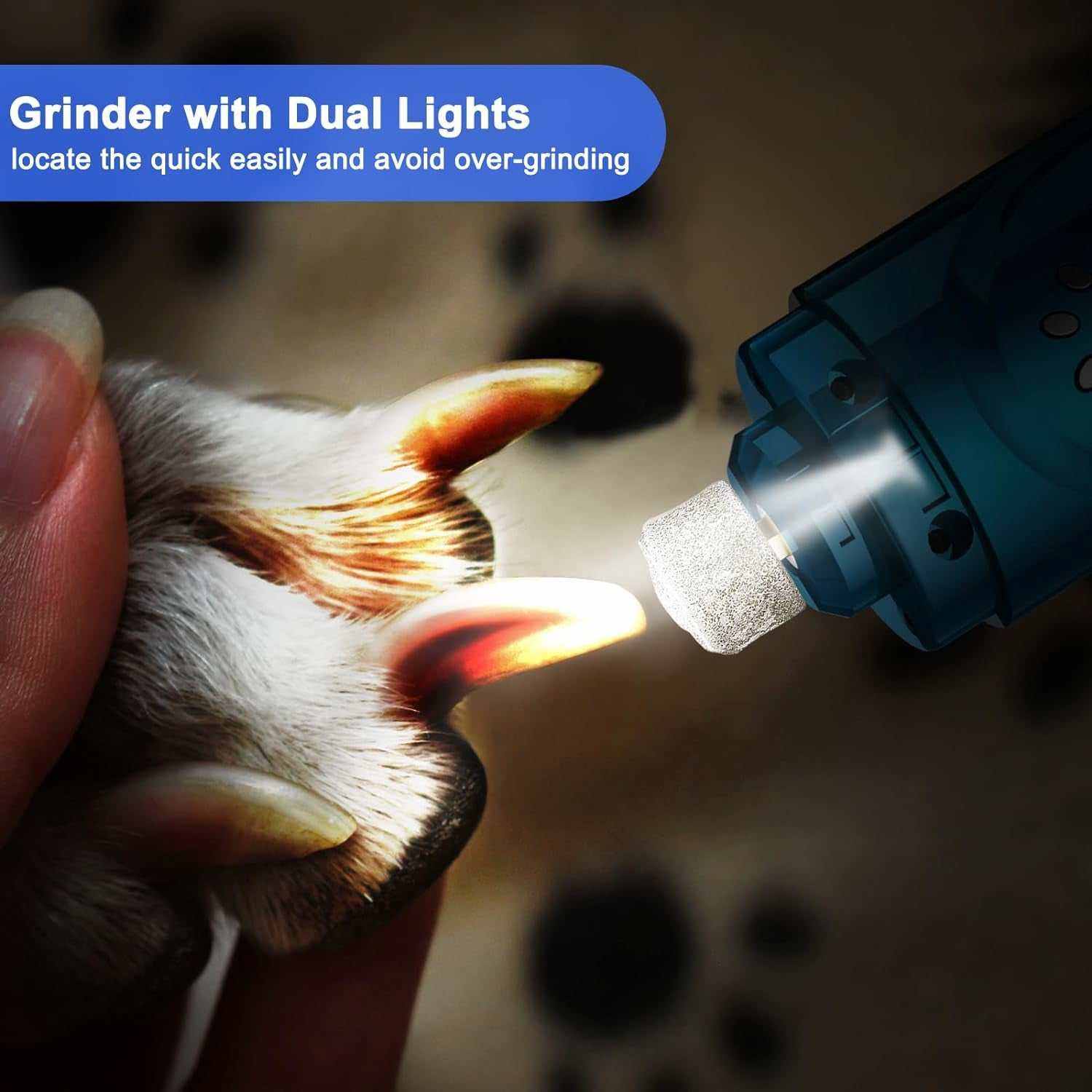 Dog rechargeable nail grinder kit with dual lights trimming a pet's nails safely and quietly