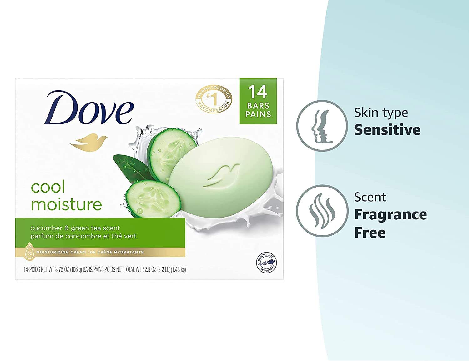 Dove Ultra-Moisturizing Skin Care Beauty Bar with cucumber and green tea extract for sensitive skin, fragrance-free, 14 bars pack