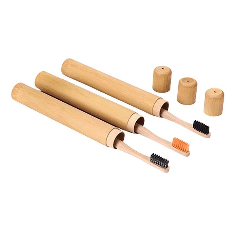 Eco friendly bamboo toothbrushes with matching bamboo travel cases and caps, biodegradable and sustainable tooth care set