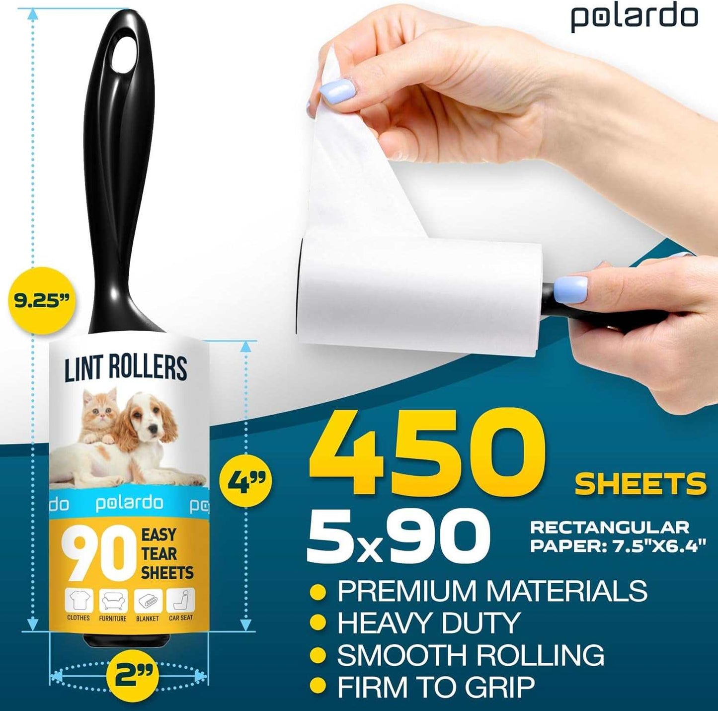 Pet hair lint rollers with extra sticky sheets, ergonomic handle, 5-pack with 450 sheets for clothes, furniture, and carpets.