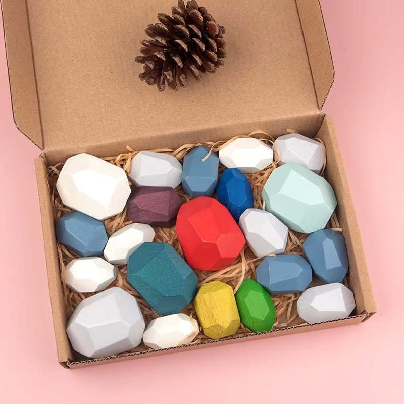 Kids wooden stones sensory toddler toy set in box with colorful stacking rocks for educational play.