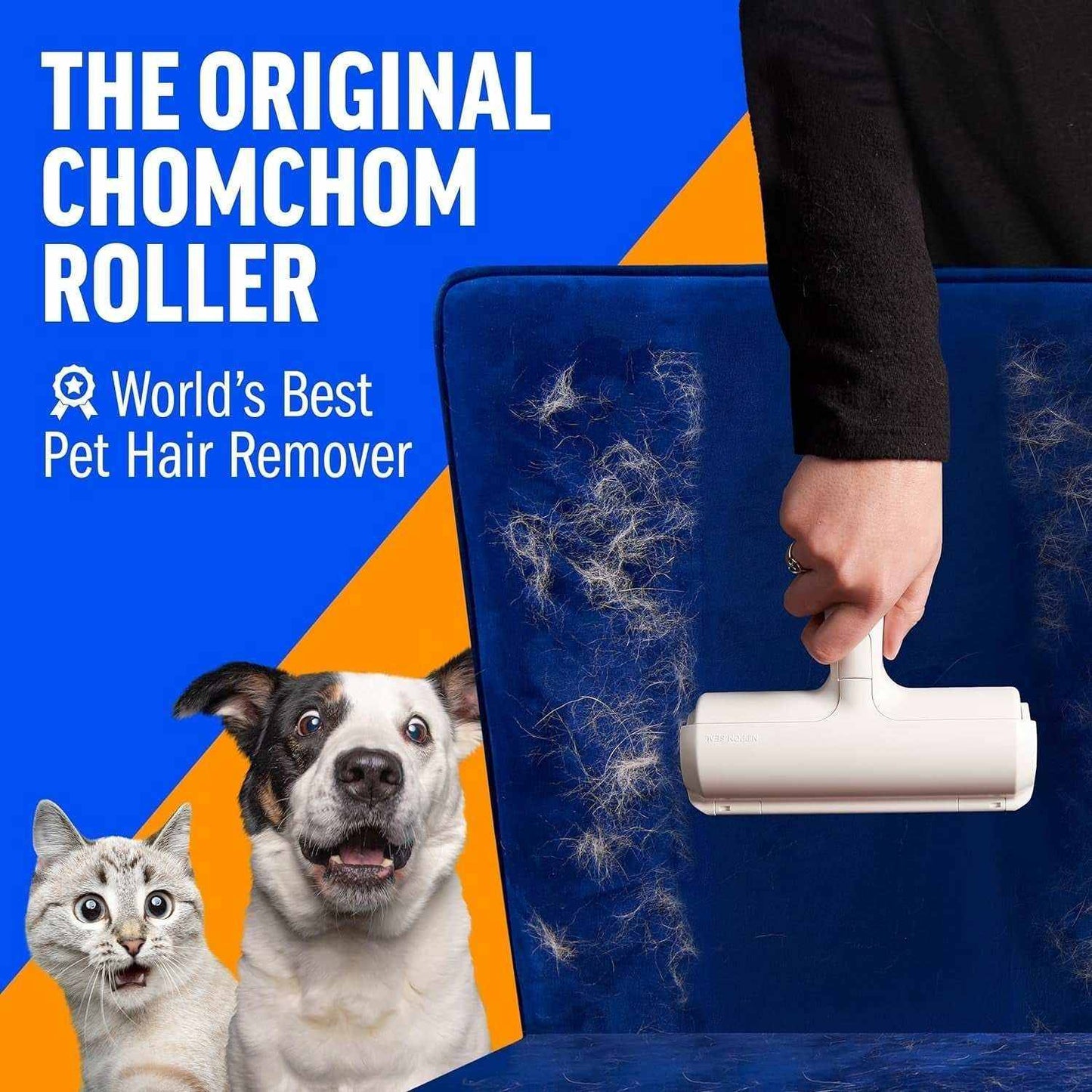 Portable Chom Chom Roller pet hair remover cleaning fur from blue upholstery with dog and cat images