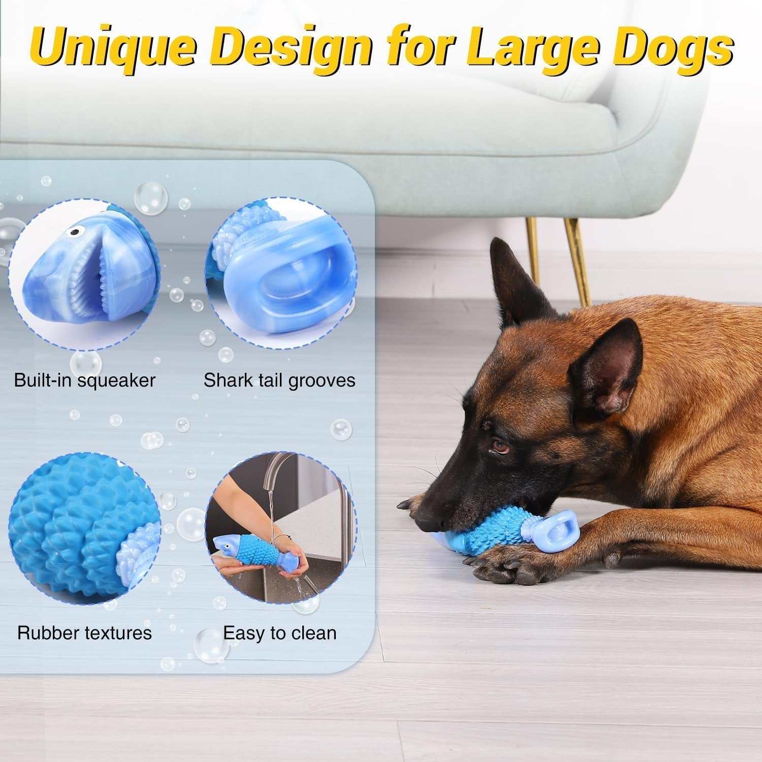 Large blue rubber dog chew toy with built-in squeaker and shark tail grooves for aggressive chewers