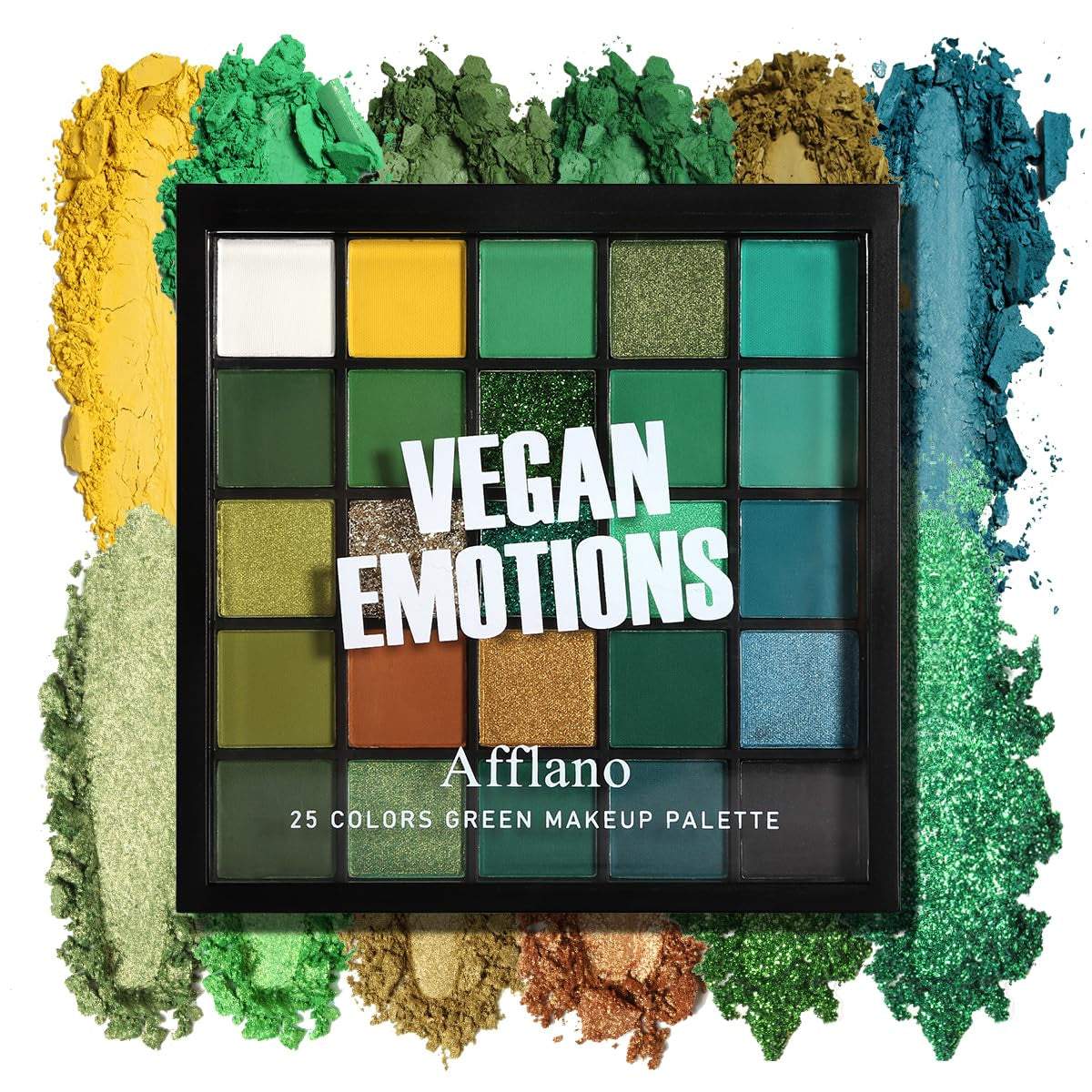 Emerald Green Eyeshadow Palette with 25 versatile shades in matte, shimmer, and glitter finishes for bold and creative eye looks.