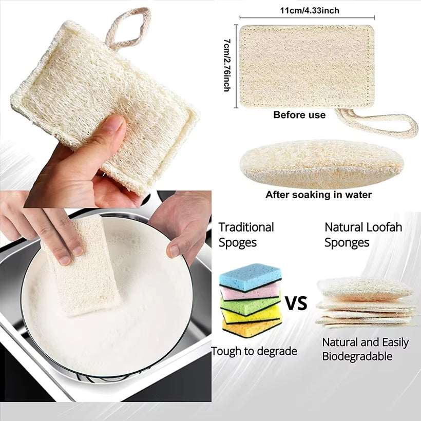 Eco-friendly bamboo cleaning brush set with natural loofah sponges for effective dishwashing and kitchen cleaning.