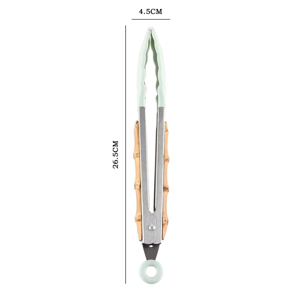 Bamboo kitchenware Root Silicone Kitchenware Tongs with Natural Handles and Heat-Resistant Silicone, 26.5cm.