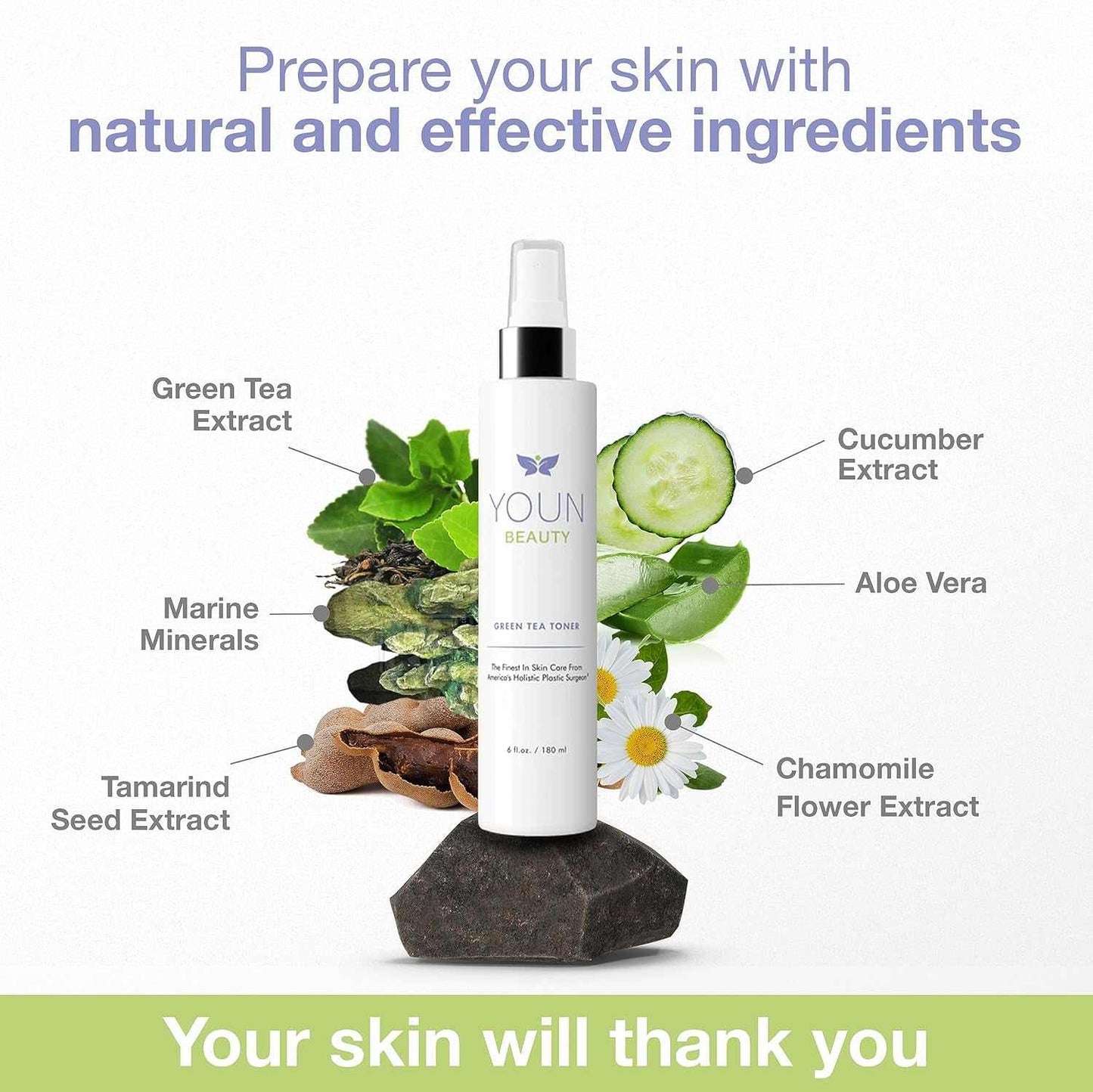 Ph-balancing face mist spray with green tea, chamomile, cucumber, aloe vera, tamarind seed, and marine minerals for hydration and soothing skin