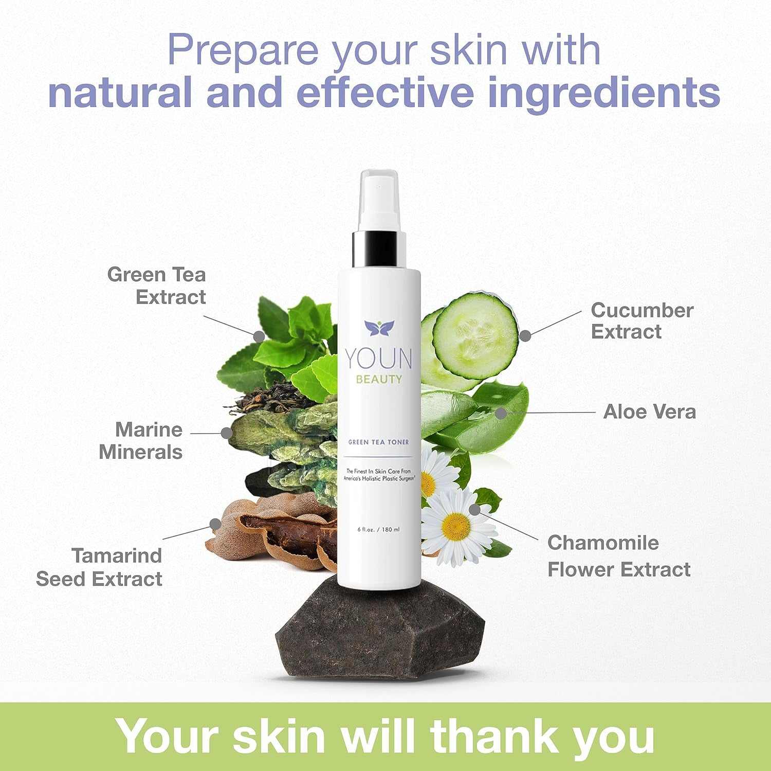 Ph-balancing face mist spray with green tea, chamomile, cucumber, aloe vera, tamarind seed, and marine minerals for hydration and soothing skin