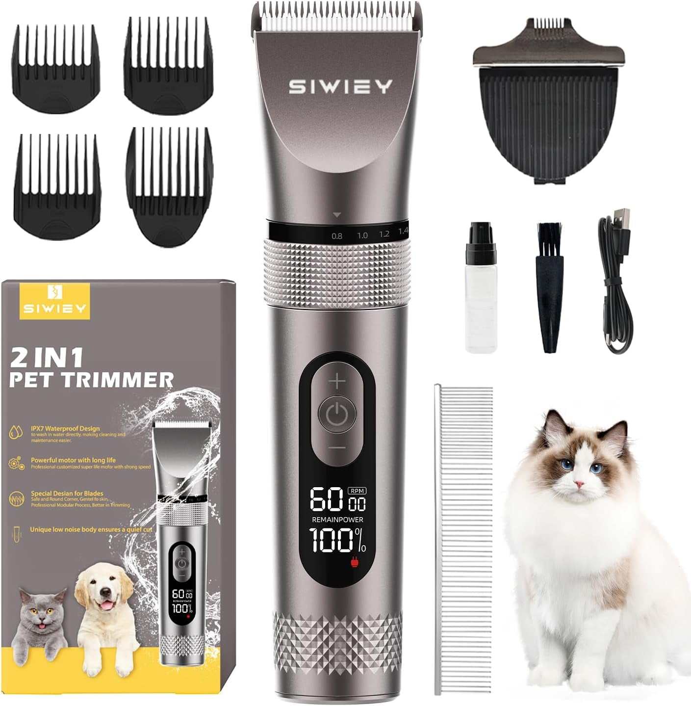 Dog high power cordless 2-in-1 pet grooming trimmer with adjustable speed, USB rechargeable, quiet motor, and stainless steel blades for dogs and cats.