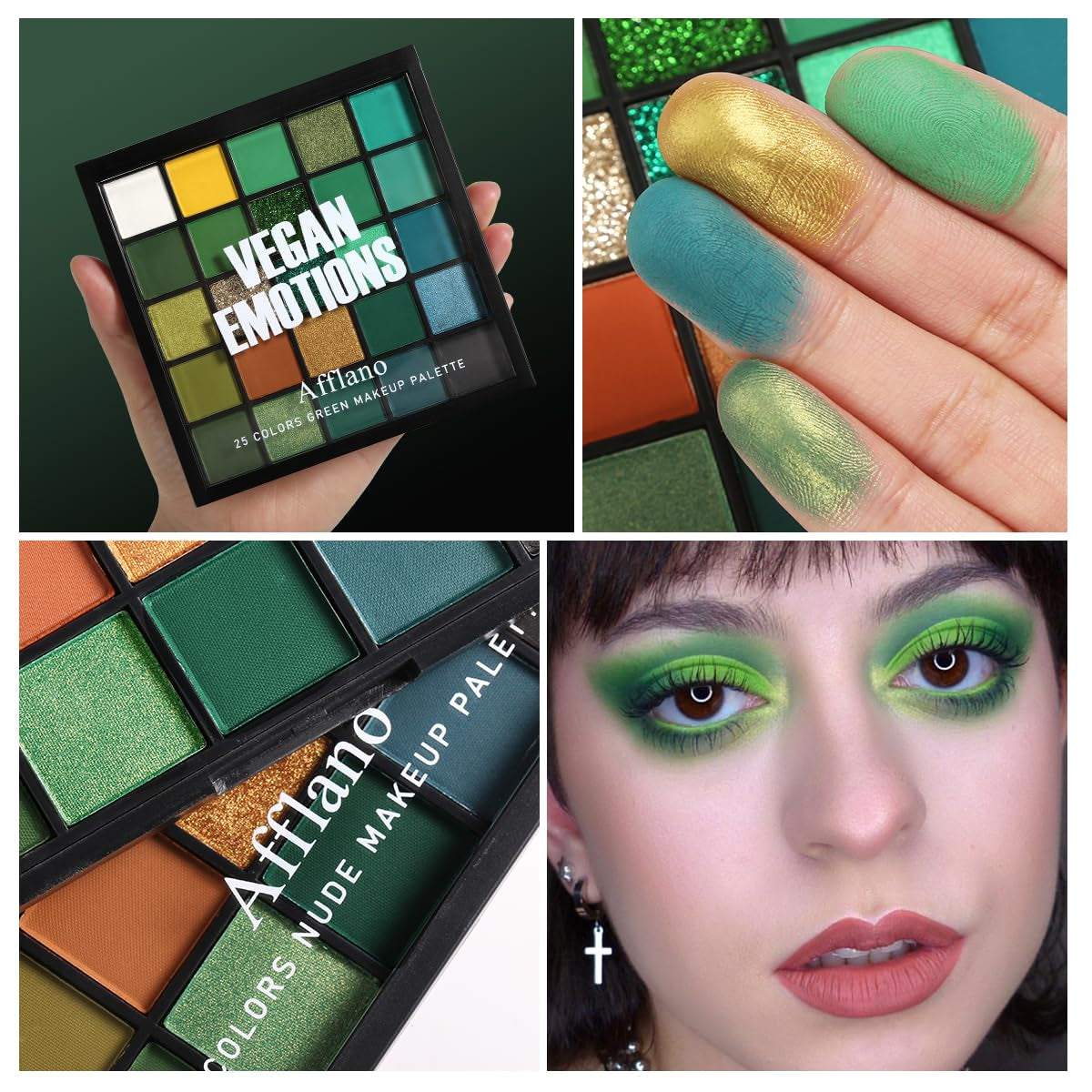 Emerald Green Eyeshadow Palette with 25 versatile shades; features matte, shimmer, and glitter finishes for bold, creative eye looks; compact and travel-friendly design.