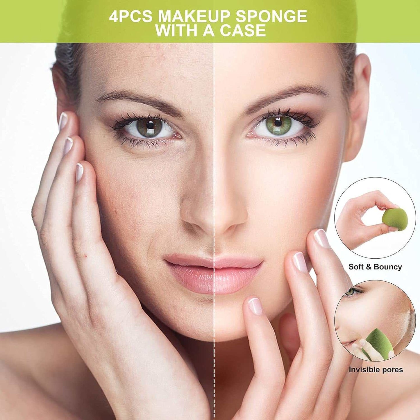 Makeup Beauty Blending Sponge set with 4 avocado green latex-free sponges and storage case for flawless foundation application