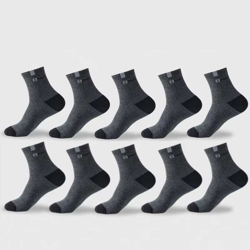 Men breathable cotton sport socks in gray with letter designs, moisture-wicking and high elastic fit, ideal for athletic and casual wear.