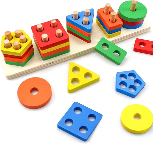Colorful wooden shape-sorting Montessori toy for toddlers featuring vibrant geometric blocks for cognitive development and fine motor skills.