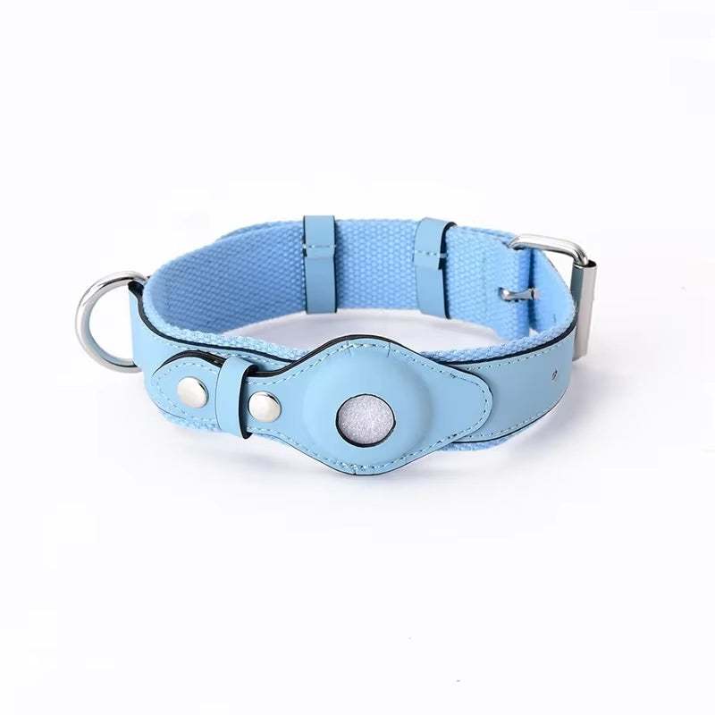 Blue leather pet collar with adjustable buckle and Apple Airtag holder for tracking.