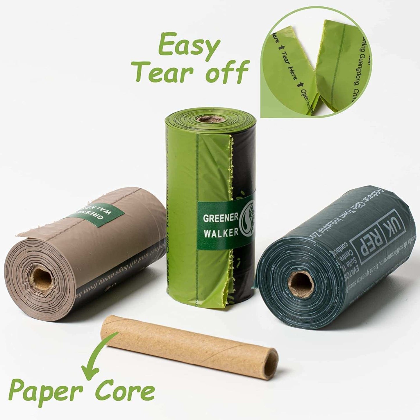 Eco-friendly poop bags for dog waste with easy tear-off design and paper core in multiple colors