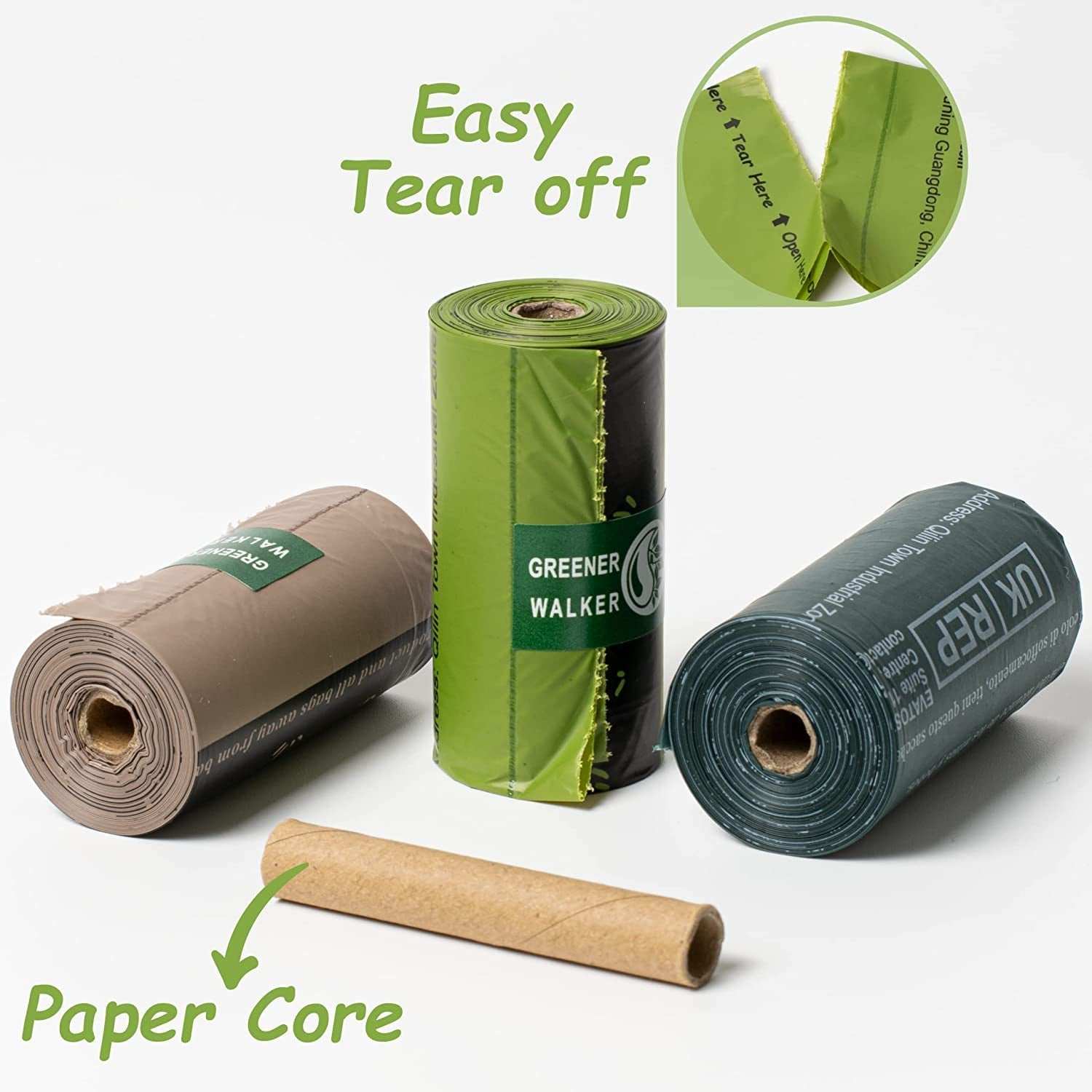 Eco-friendly poop bags for dog waste with easy tear-off design and paper core in multiple colors