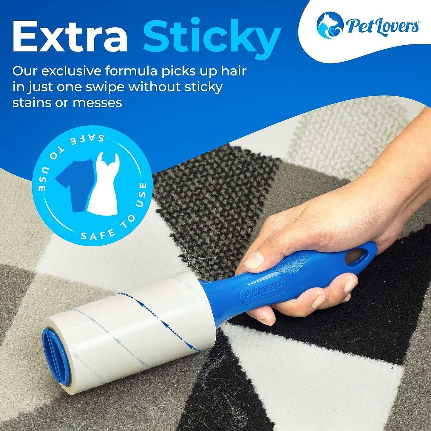 Pet Hair Removal Lint Roller with extra sticky sheets and ergonomic handle removing pet hair from carpet.
