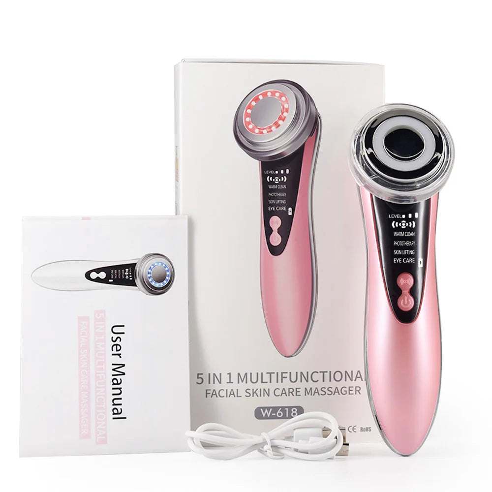 LED Electric Microcurrent Face Massager with hot and cold therapy, ergonomic design, and USB rechargeable feature for facial skin rejuvenation.