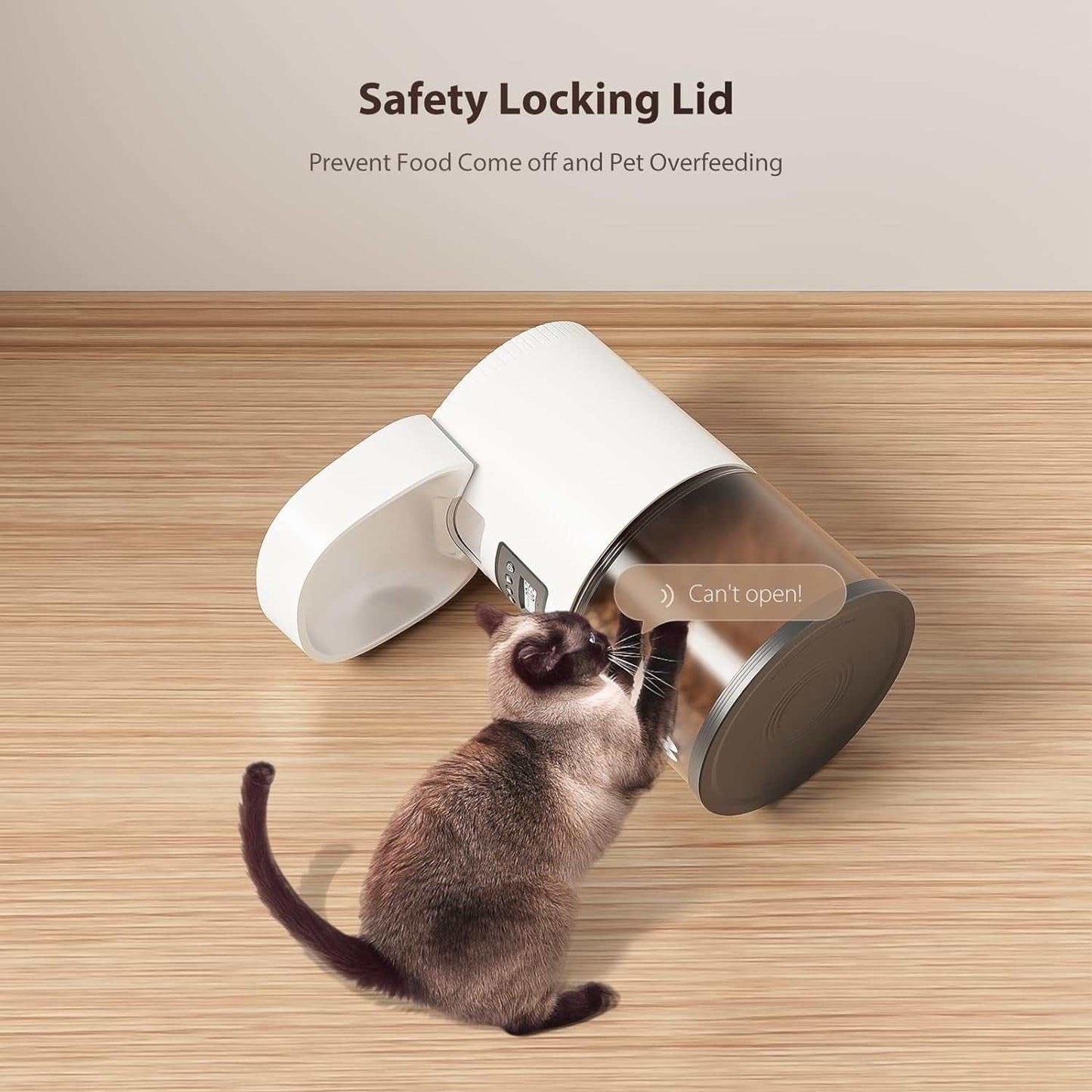 Cat using white automatic pet feeder with safety locking lid on wooden floor preventing overfeeding