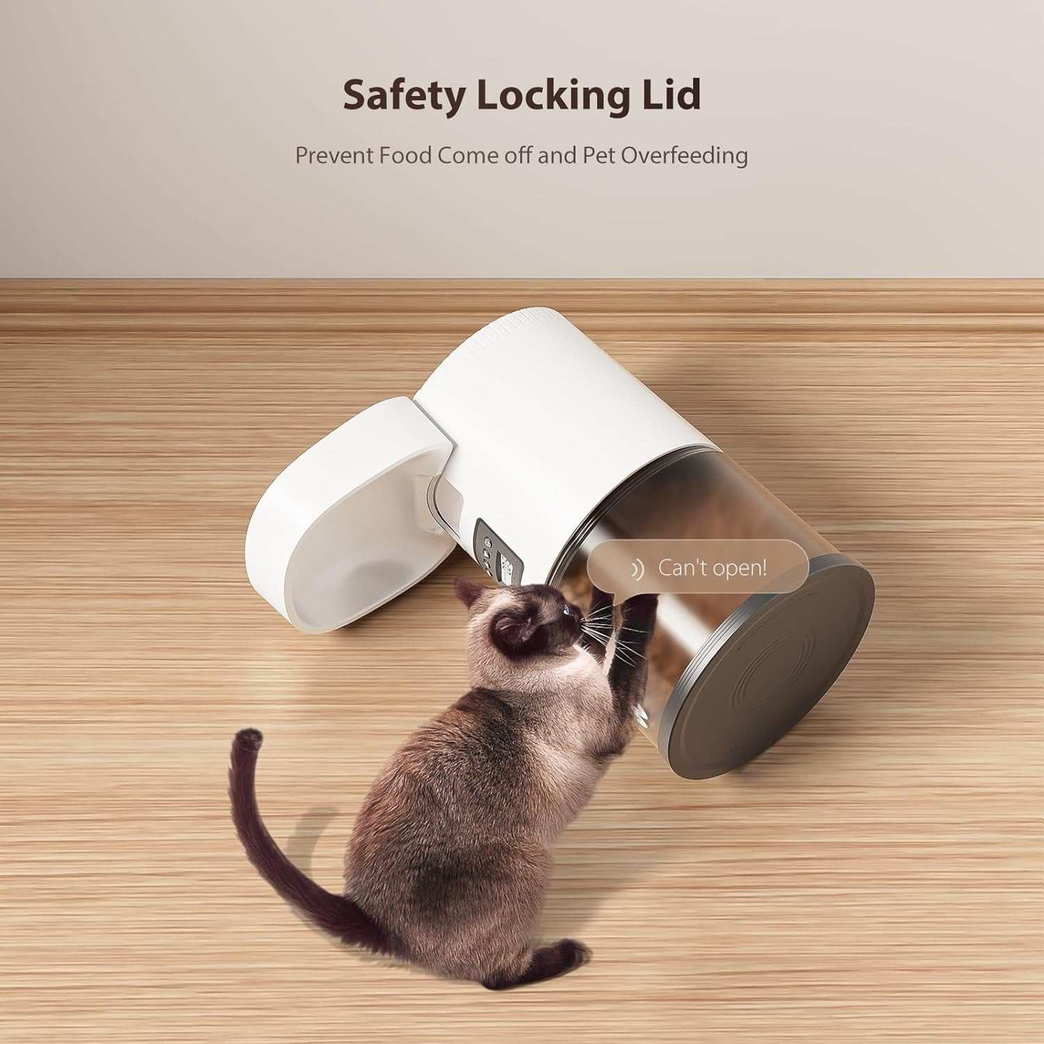 Cat using white automatic pet feeder with safety locking lid on wooden floor preventing overfeeding