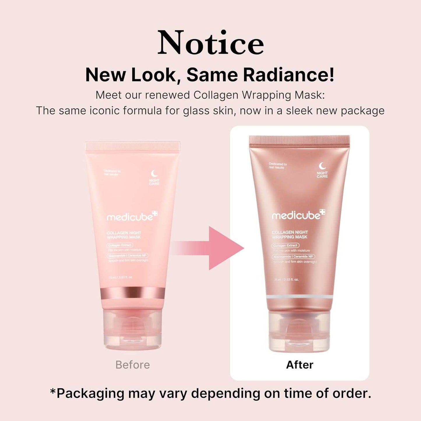 Collagen Wrapping Peel-Off Mask packaging with new sleek design, 2.53 fl. oz tube, promoting skin elasticity and hydration.