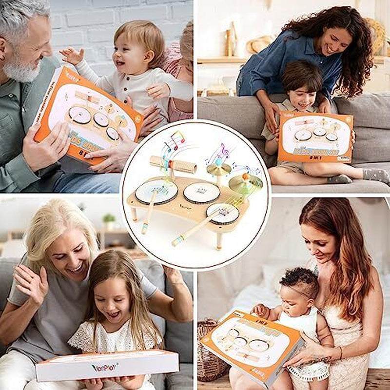 Kids enjoying a colorful wooden drum set designed for toddlers, enhancing rhythm and creativity.
