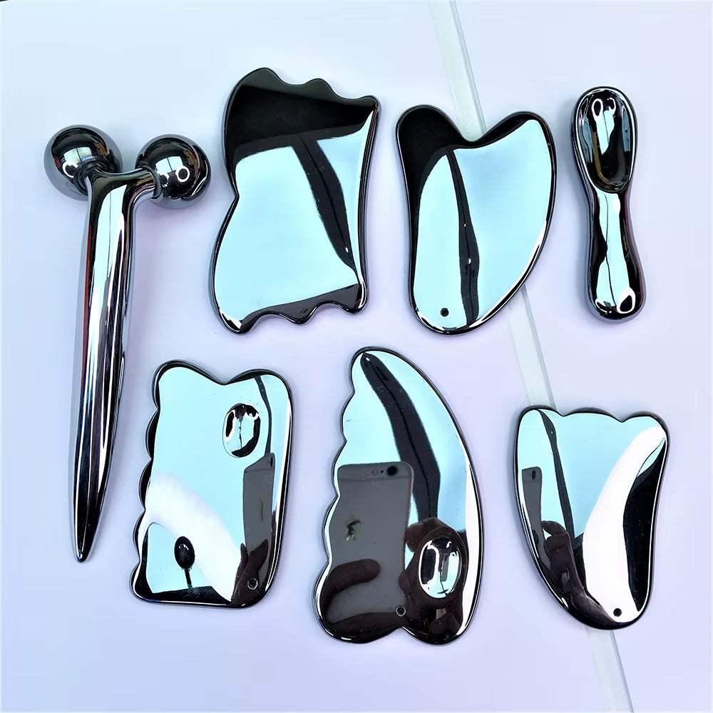 Terahertz gua sha scraper facial massager set for skincare routine enhancement.