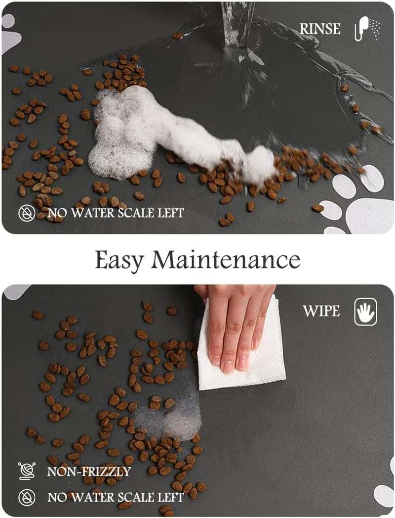 Absorbent pet feeding mat with quick dry, non-slip backing, easy to clean and prevents spills around food and water bowls.
