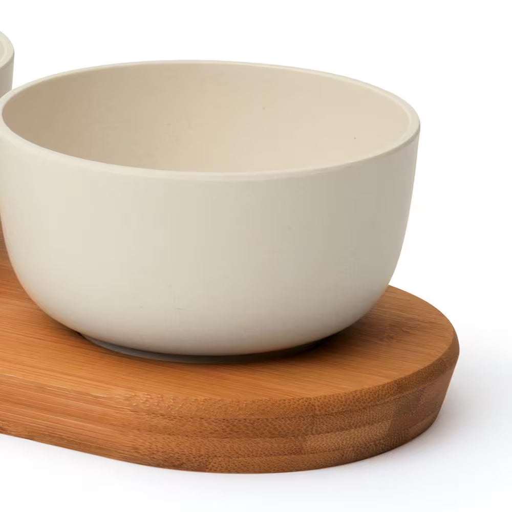 Bamboo bowl set with beige finish and serving tray, eco-friendly and perfect for dips and snacks.