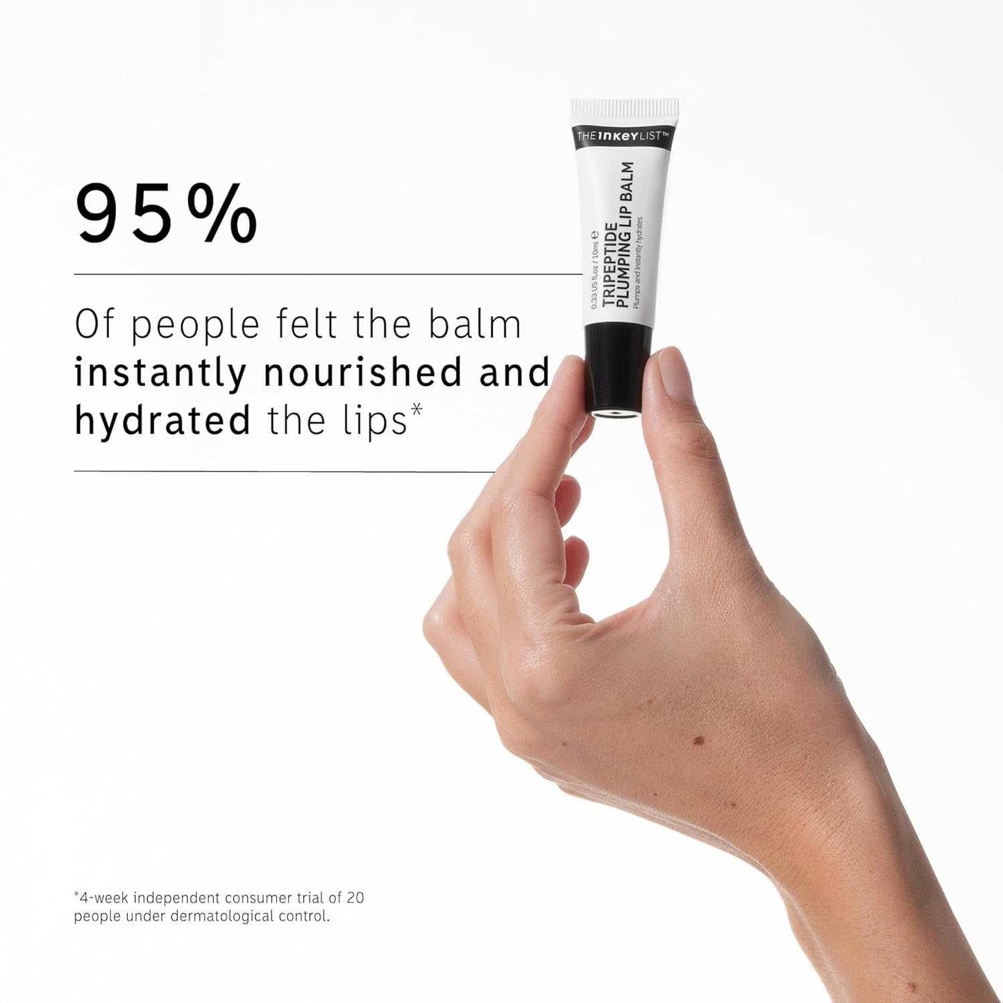 Cruelty-free tripeptide plumping lip balm in hand showing 95% satisfaction statistic for hydration.