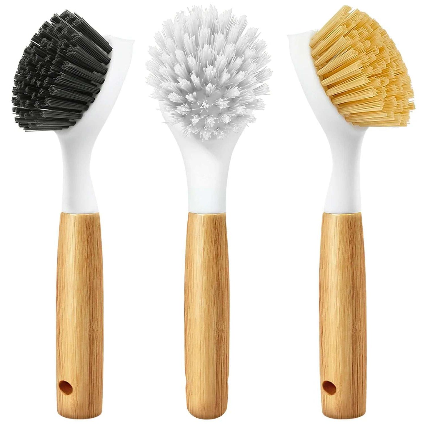 Eco-friendly dish bamboo handle brush set with durable bristles; includes yellow, white, and black brushes for versatile kitchen cleaning.