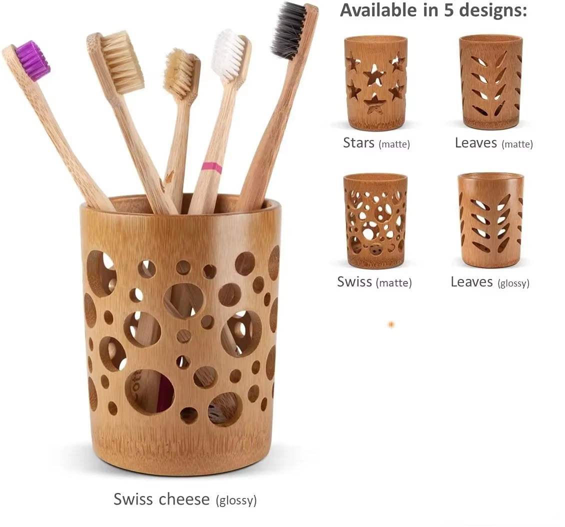 Bamboo toothbrush organizer with Swiss cheese design, holding multiple bamboo toothbrushes, eco-friendly bathroom organizer with circular cutouts and glossy finish.