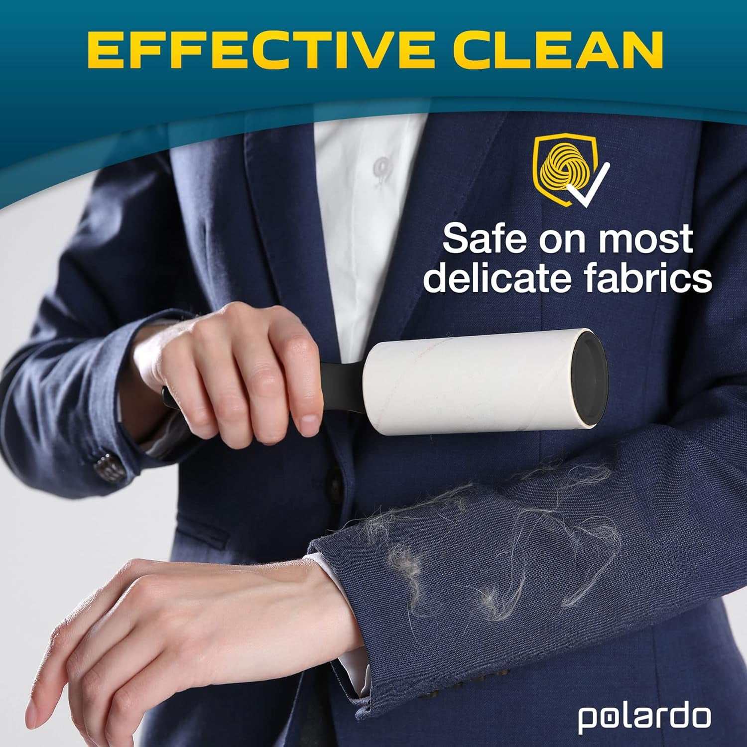 Person using a pet hair lint roller on a dark suit jacket sleeve to remove pet hair, labeled safe on delicate fabrics.