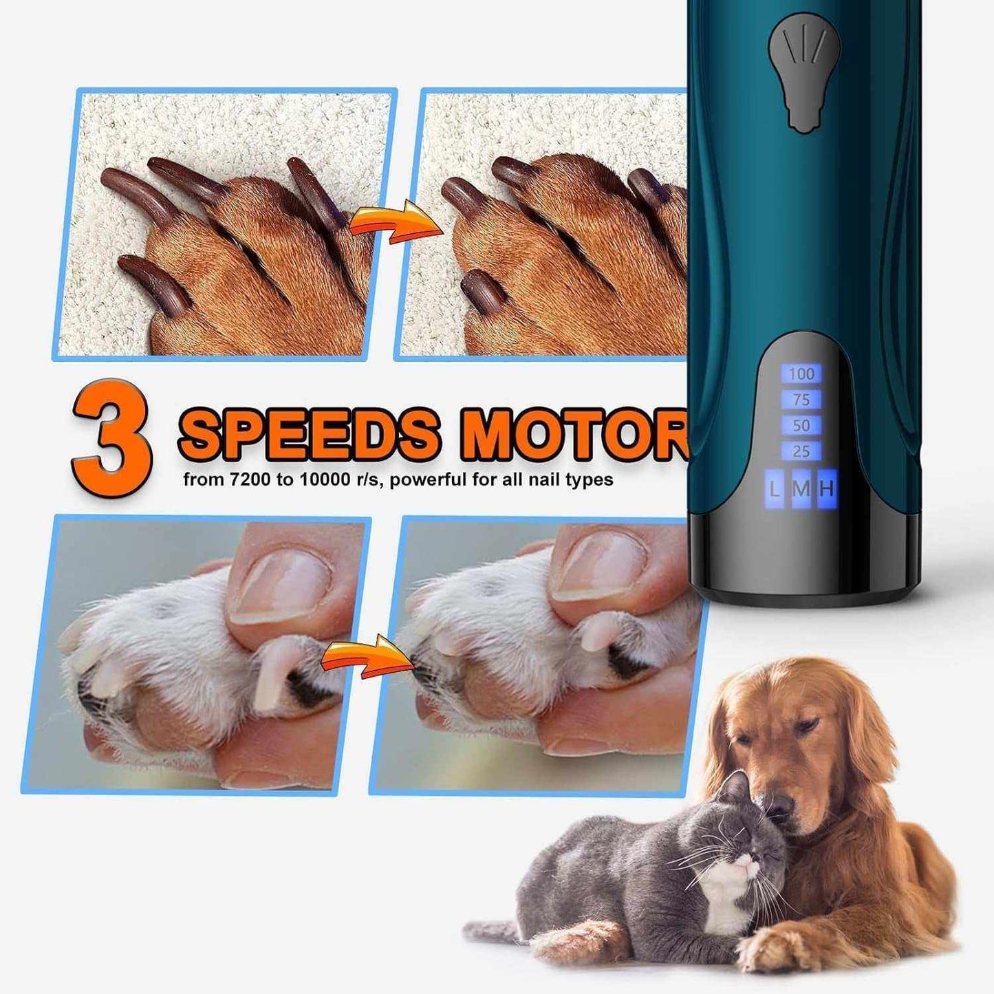 Dog rechargeable nail grinder kit with 3 adjustable speeds, quiet motor, two grinding wheels, ergonomic design, and safe protective cap for pets' nail grooming.