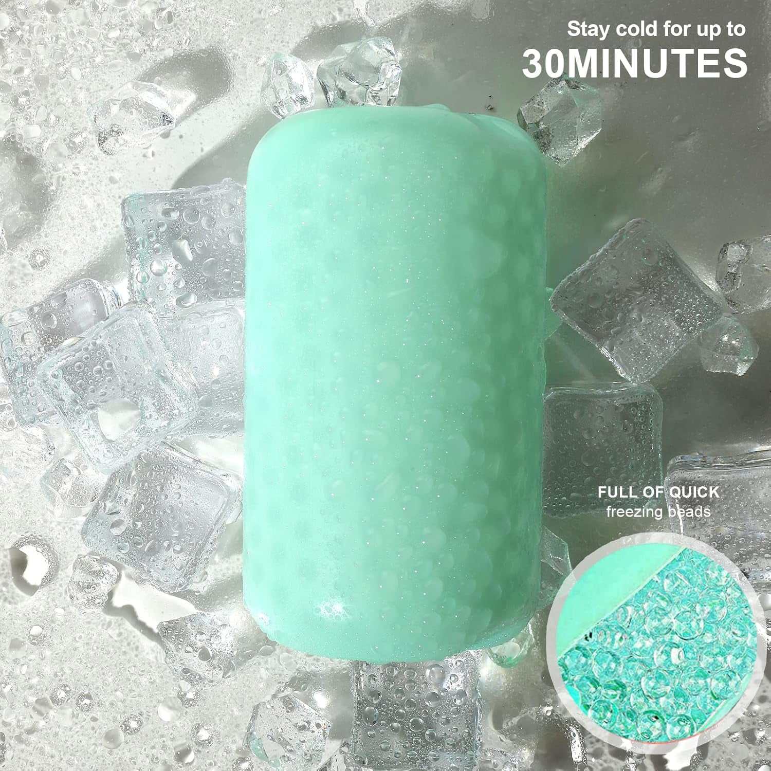 Cooling face eye mint green ice roller with quick freezing beads for soothing relief and puffiness reduction
