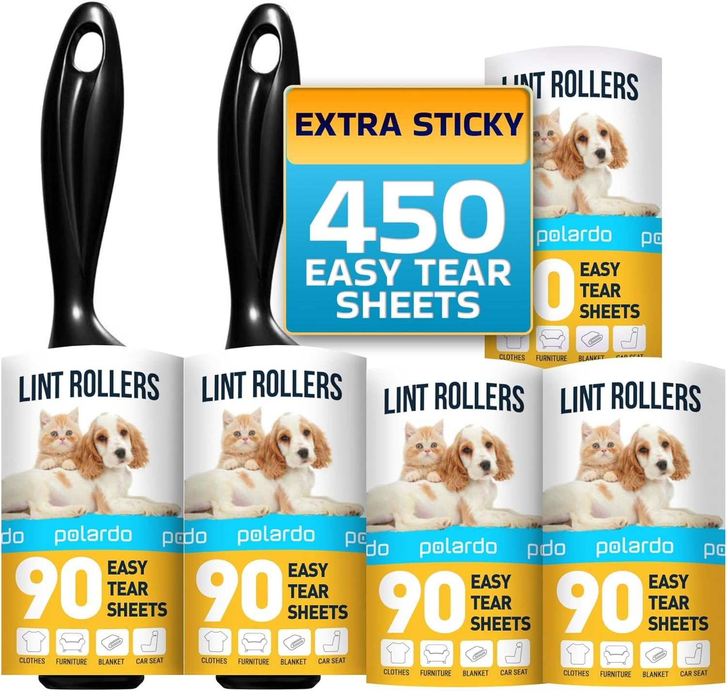 Pet hair lint rollers with extra sticky adhesive, ergonomic handles, 450 easy tear sheets in total, suitable for clothes, furniture, carpets, and car seats, featuring images of a cat and a dog on packaging.