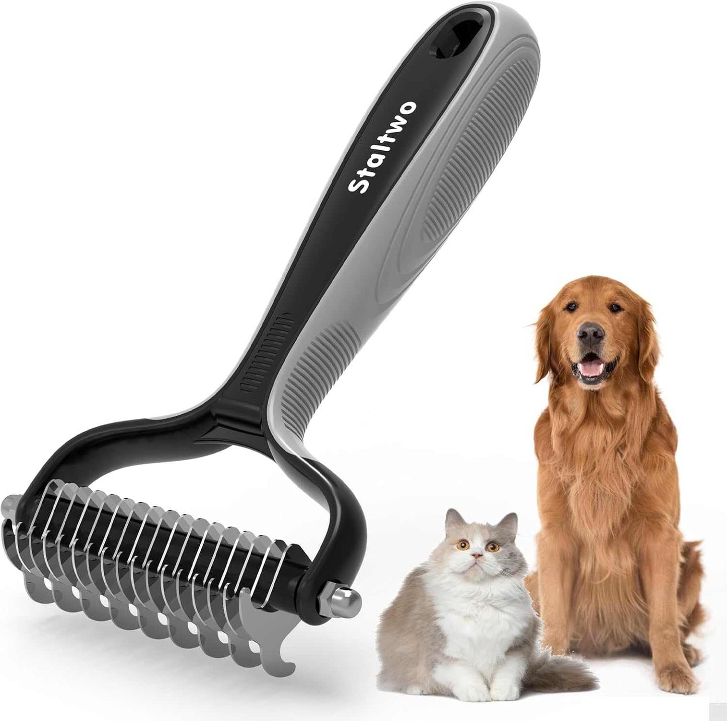 Grey ergonomic undercoat rake brush with stainless steel teeth for pet grooming, suitable for long-haired dogs and cats