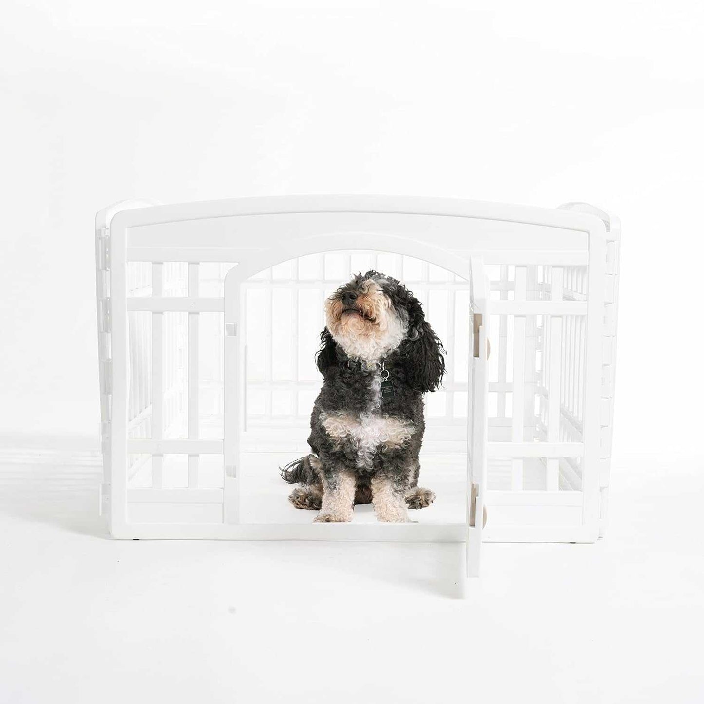 White pet exercise playpen door panel with a small black and white dog inside, designed for secure and customizable play areas for puppies and small dogs.