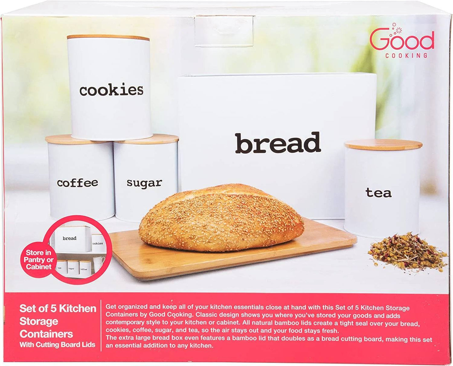 Bamboo bread box storage set with cutting board lid and labeled kitchen canisters for cookies, coffee, sugar, and tea.