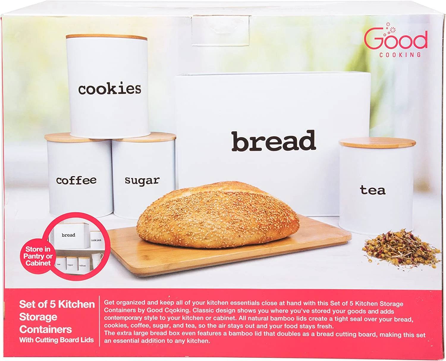Bamboo bread box storage set with cutting board lid and labeled kitchen canisters for cookies, coffee, sugar, and tea.