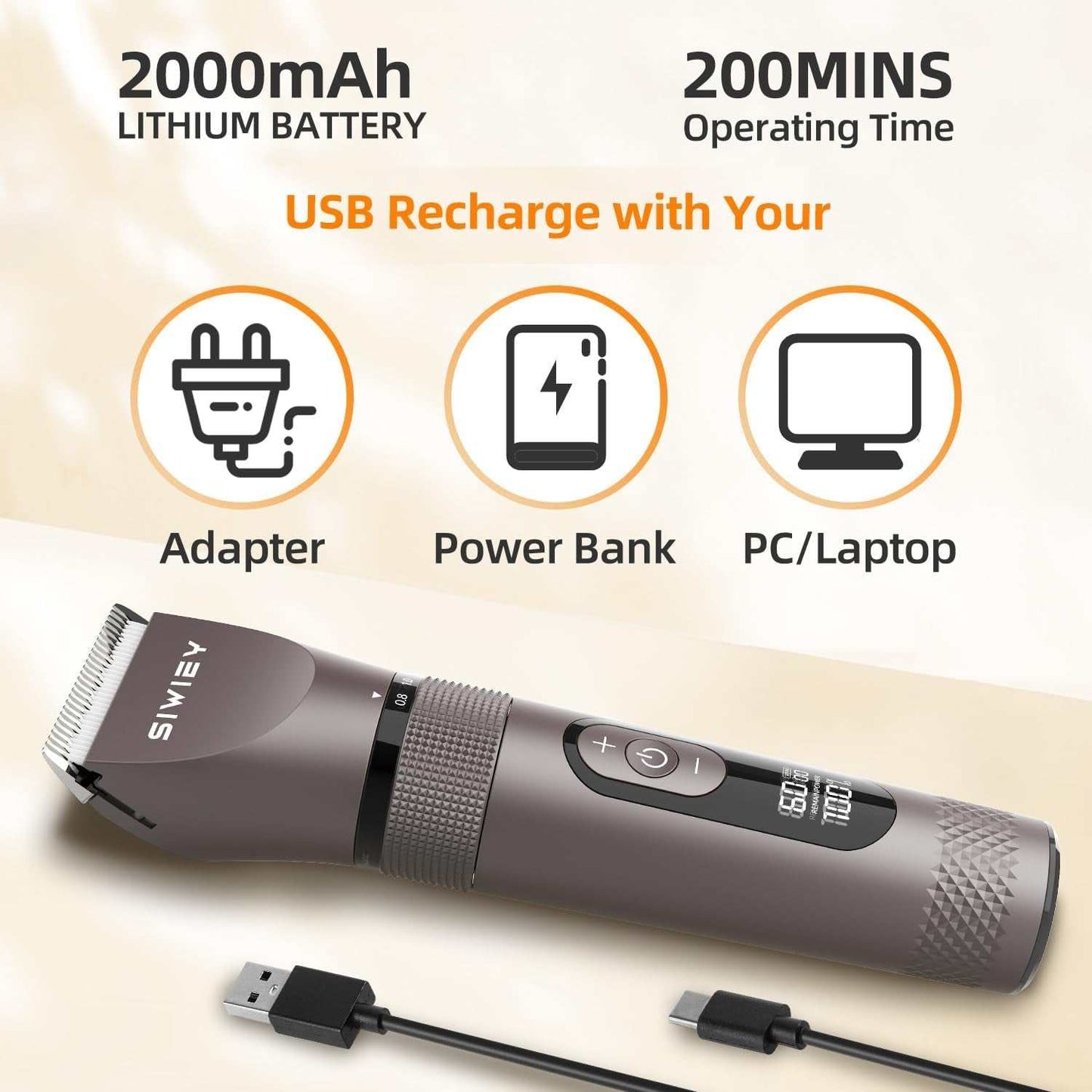 Dog high power cordless grooming trimmer with USB rechargeable battery and 3-speed motor