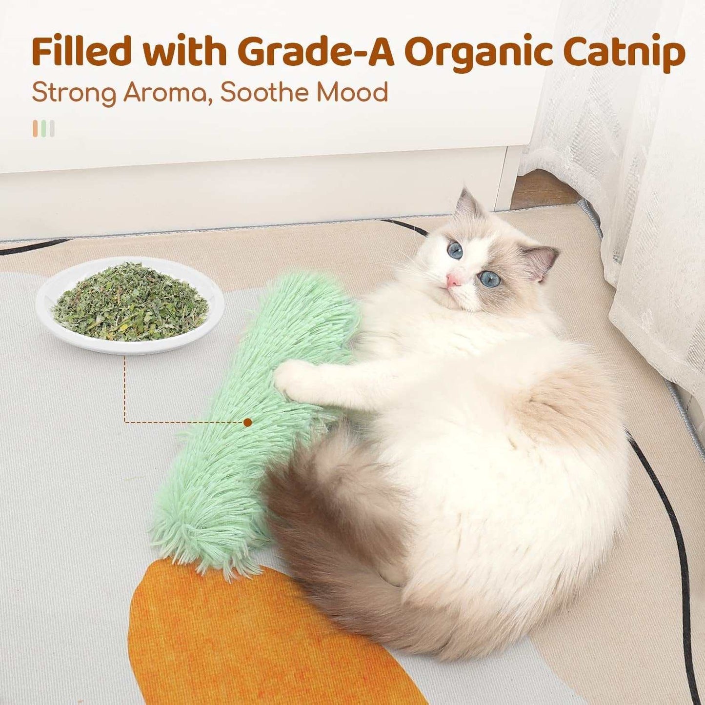 White and brown cat playing with soft green catnip cat toy filled with organic catnip and placed on a rug indoors