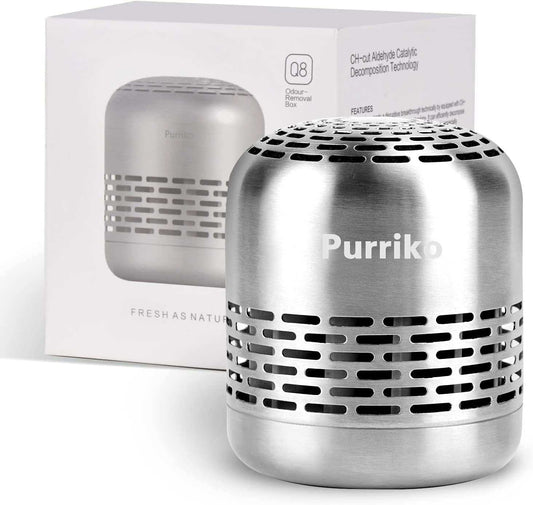 Stainless steel refrigerator deodorizer with catalytic decomposition technology for lasting odor elimination.
