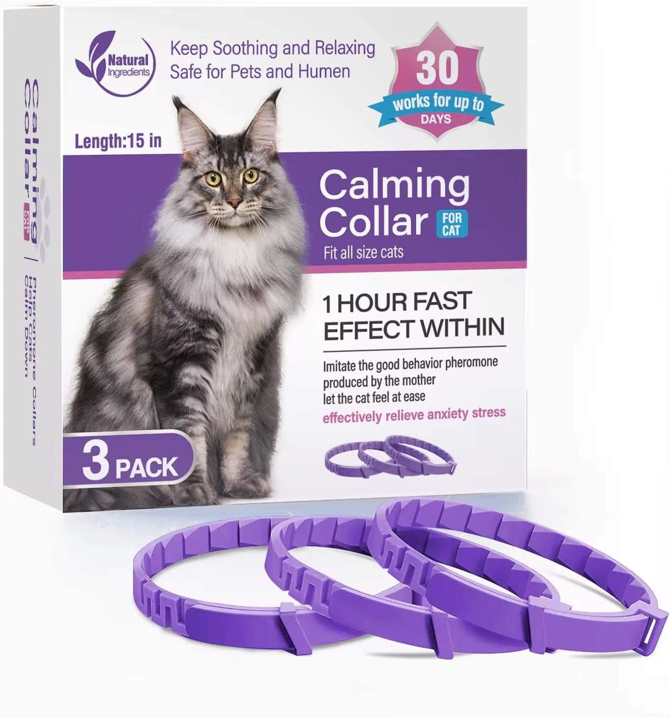Purple calming pheromone collars for cats in a 3-pack, designed to reduce anxiety and stress with natural soothing pheromones.