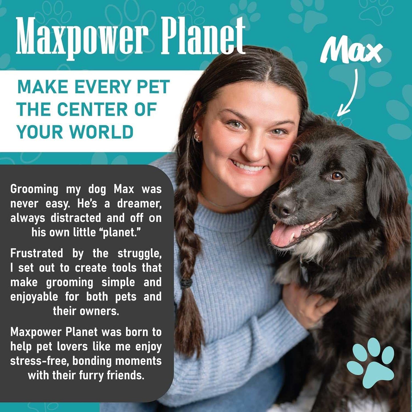 Smiling woman with black dog Max promoting Maxpower Planet pet grooming tools for stress-free grooming moments