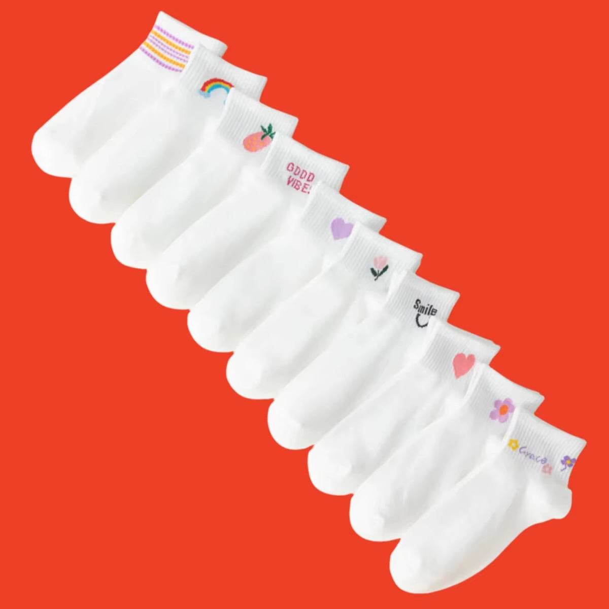 Women's white ankle socks with fun smiling face and colorful patterns, perfect for every season and expressing personality.