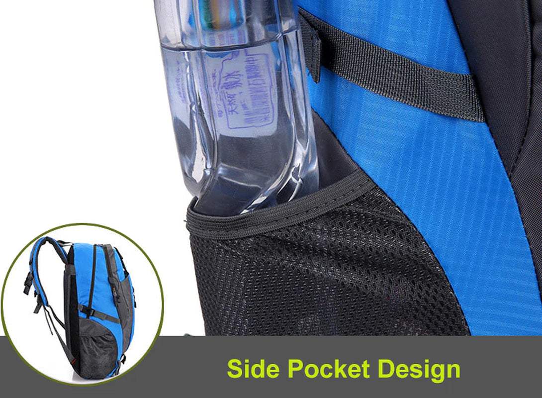 Blue travel rucksack with mesh side pocket for water bottle storage.